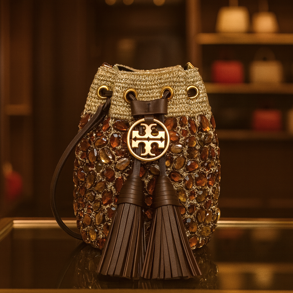 Tory Burch トリーバーチ フレミング ソフト ミニ バケットバッグ NEW Tory Burch Soft Fleming Gold Crochet Jewel Mini Bucket Tote
