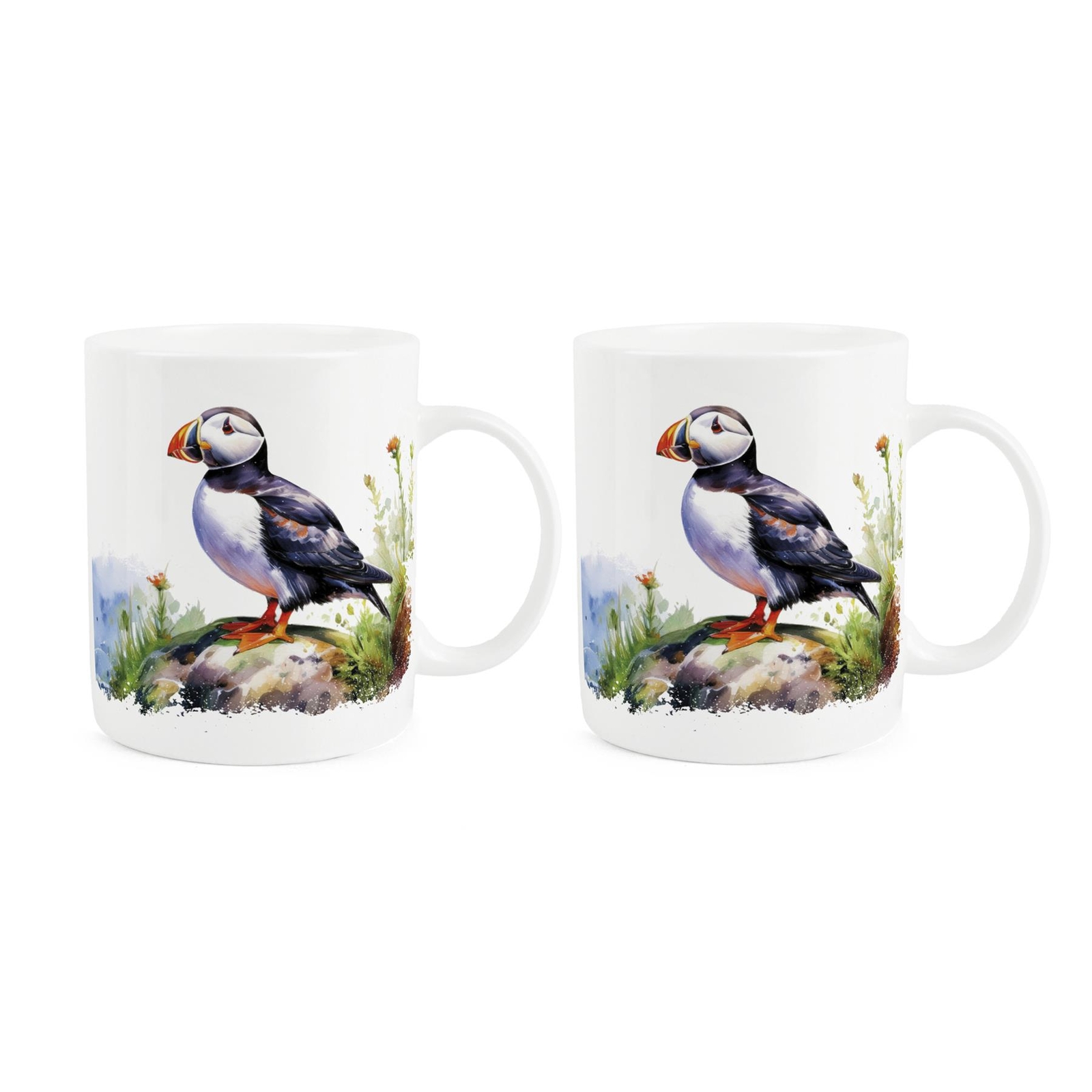 Puffins Mug - Coastal Sea Birds - Gift for Bird Lovers Bone China Cup Set of 2