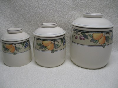 Mikasa Garden Harvest 3 Canister Set Tea Coffee Sugar With Lids Seals Exc - Mikasa Garden Harvest Canister Set Mikasa Garden Harvest 3 Canister Set Tea Coffee Sugar With Lids Seals Exc - Mikasa Garden Harvest Canister Set