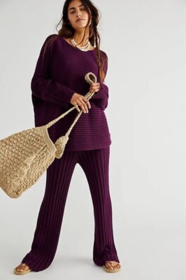 NEW FREE PEOPLE BEACH Sz XS RIBBED IMOGENE SWEATER WIDE LEG PANTS SET 
