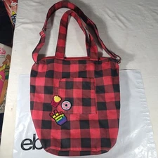 No Boundaries Handbag Red Black Plaid Canvas Tote French Fry Donut Hand Patches