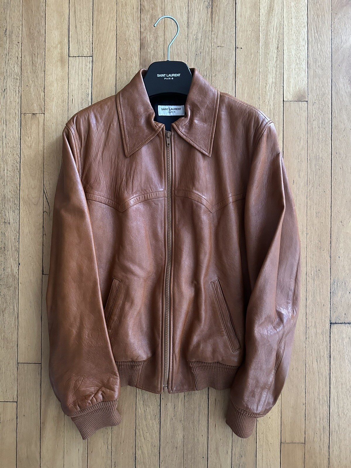 Giacca bomber in pelle marrone cognac Saint Laurent Hedi Slimane FW16 46