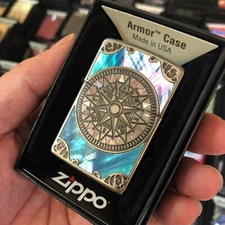 Natural Blue Armor Inlay Compass Zippo Lighter - US Shipping