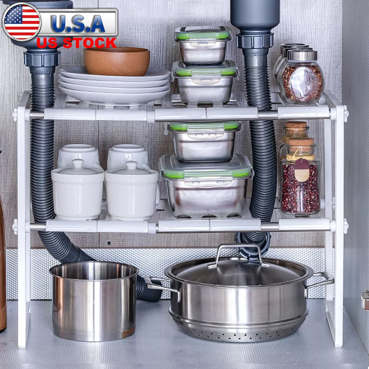 Under Sink 2-Tier Expandable Shelf Organizer Rack Storage Kitchen Tool  Holder US