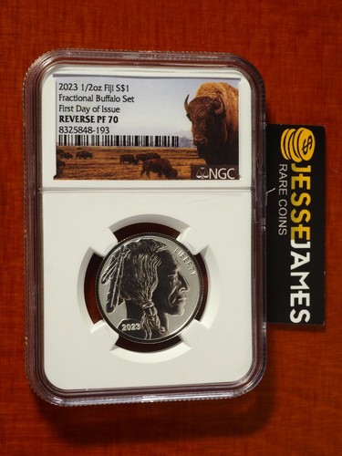 2023 $1 FIJI REVERSE PROOF SILVER BUFFALO NGC PF70 FIRST DAY OF ISSUE 1/2 OZ 999 - 第 1/2 張圖片