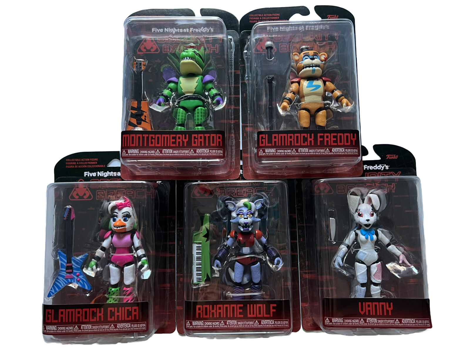 Funko Action Figures! Set of 5 - Five Nights at Freddy's - Security Breach  - Pizzaplex - Glamrock Chica, Glamrock Freddy, Montgomery Gator, Roxanne