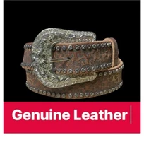 WILL Leather Goods Studded Rhinestone Belt Tooled Men Size 38 L/XL Western Brown