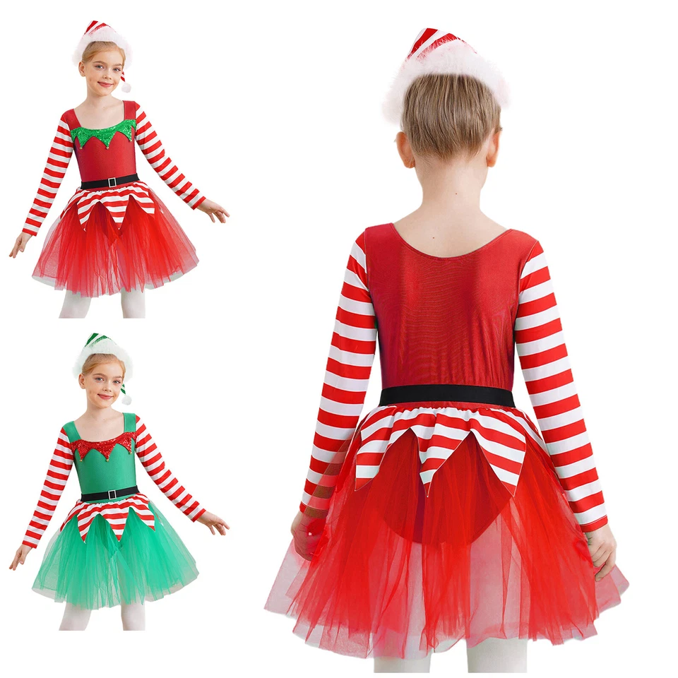 Niñas Navidad Elfo Disfraz Bastón de Caramelo Rayas Vestido Trajes Fiesta de Navidad Vestir Foto 4 de 4