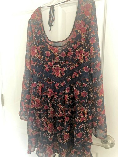 New BAND OF GYPSIES S Chiffon PEASANT DRESS Blue Red Mini RUFFLE Romantic - Picture 12 of 14