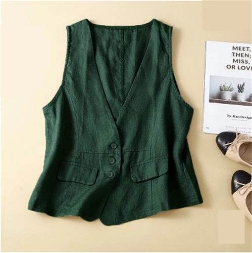 Womens Linen Blend Sleeveless Button Down Top V Neck Waistcoat Vest - Picture 17 of 24