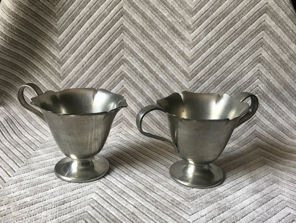 Footed Vtg Crescent Pewter Sugar Bowl &amp; Creamer Set Open Flower 
