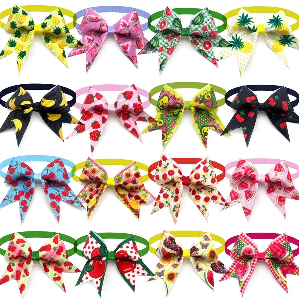 100Pcs Summer Strawberry Avocado Dog Bowtie Collar Pet Grooming Bow Accessories