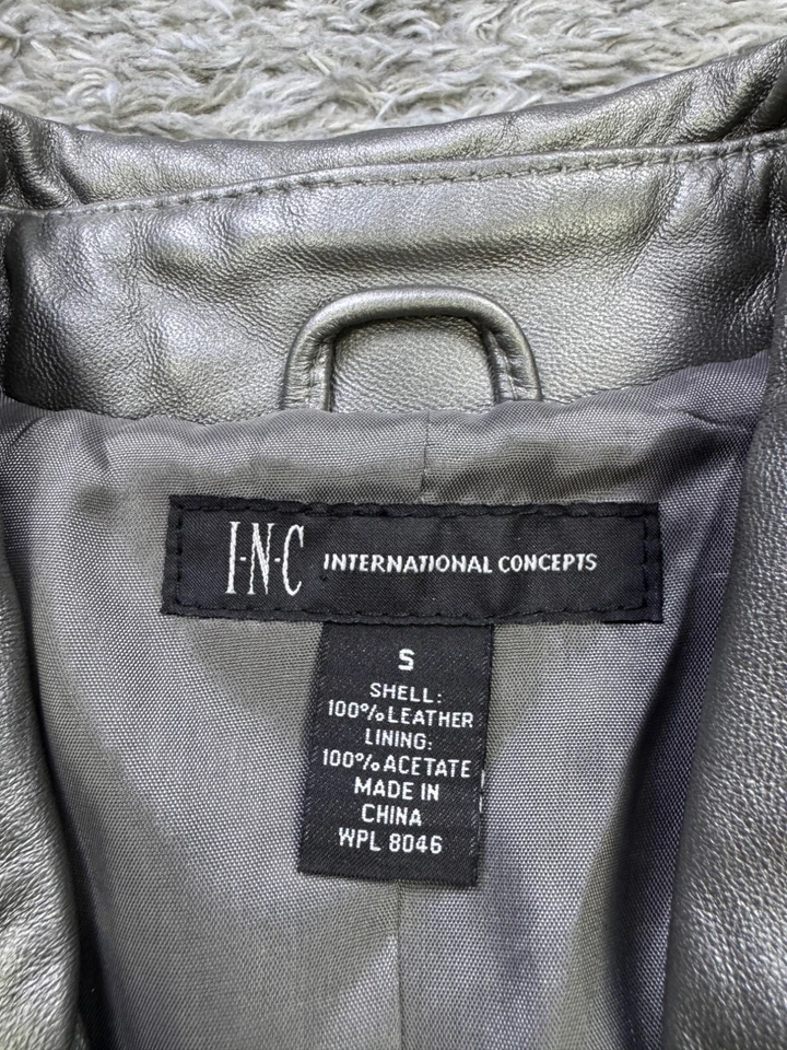 INC International Concepts Leather Jacket Women Small Silver Belted Vented Coat - Image 3 of 4