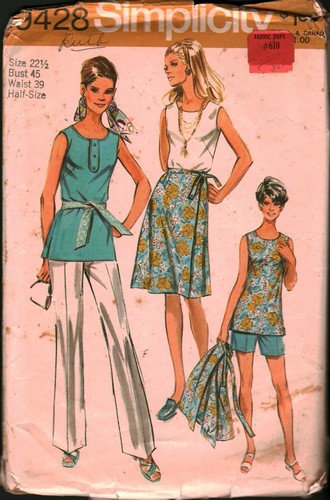9428 Vintage Simplicity SEWING Pattern Misses 1970s Tunic Wrap Skirt 22.5 Casual