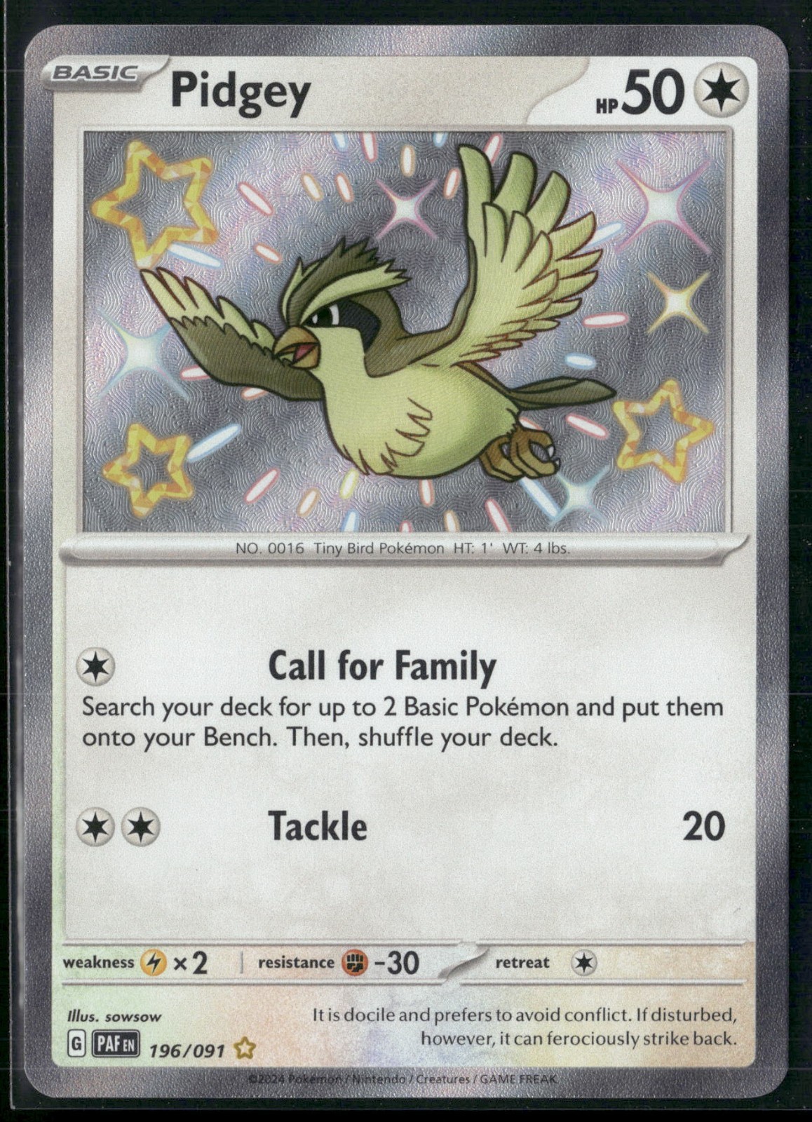 Pidgey - 196/091 - Baby Shiny - Paldean Fates - Pokemon Card - NM/M