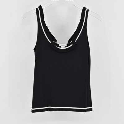 Vtg Cache Knit Top Womens Size S Black Sleeveless Ruffle Neck White Trim Blouse
