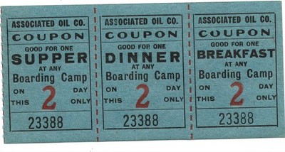 Three 1920s Associated Oil Company Breakfast & Dinner Tickets for Boarding Camp