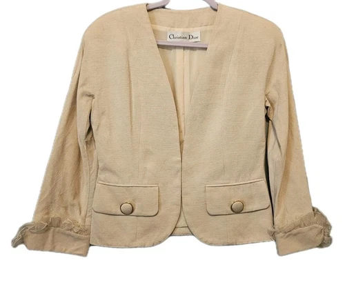 Giacca blazer donna Christian Dior vintage kaki beige con volant lino taglia 8