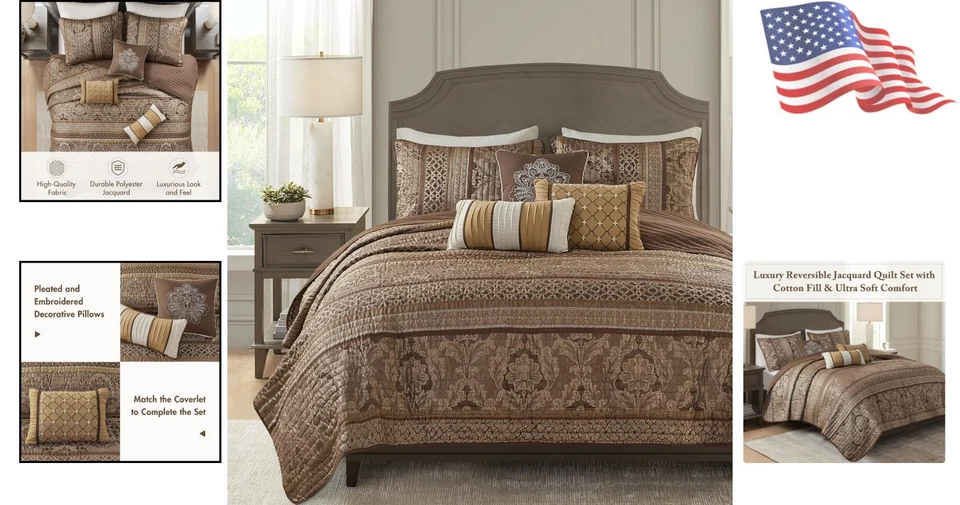 Rich Brown/Gold 6-Piece Damask Quilt Set - King/Cal King Size Luxury Bedding - Image 2 of 4