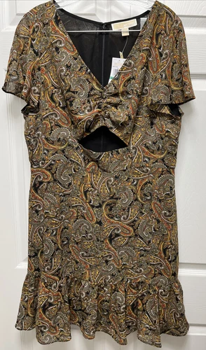 MICHAEL Kors Mini Abito Donna Ritagliato Paisley Marrone Taglia 16