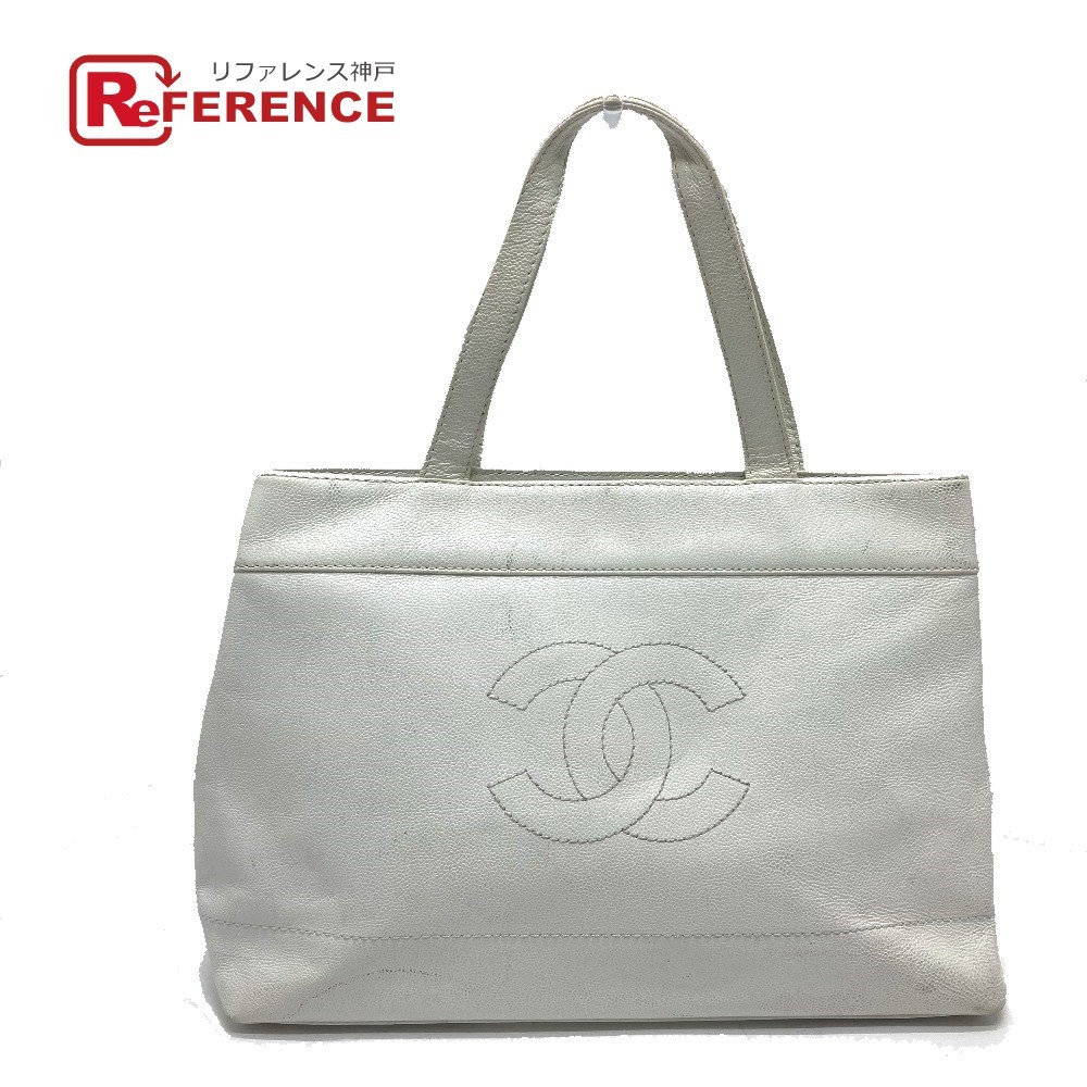 Chanel CC Caviar Leather White Shoulder Tote Bag Women Pre-Owned