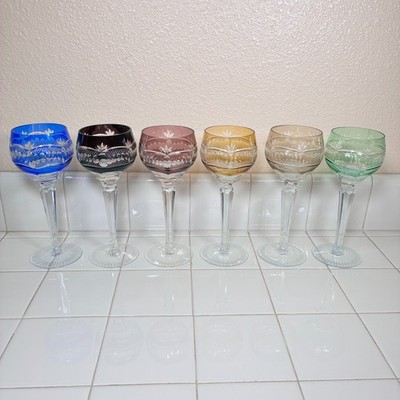 6 Vintage Bohemian Czech Cut to Clear Multicolor Crystal Hock Wine Glasses 8¼''