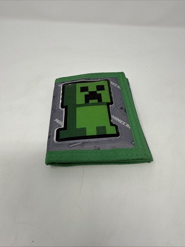 Minecraft Creeper Wallet Tri Fold Green Gray Nylon with Writing - Picture 7 of 7