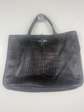 Borsa a mano Longchamp nera in pelle di coccodrillo goffrata Roseau LEGGI