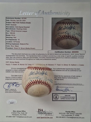MICKEY MANTLE MULTI SIGNED OAL BASEBALL 18 AUTOS. KUBEK TURLEY & MORE JSA #2253