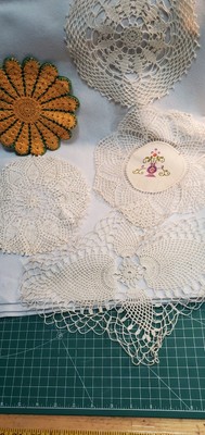 Vintage Set of 5 Doilies White Crochet + Cross Stitch Various Sizes and Shapes