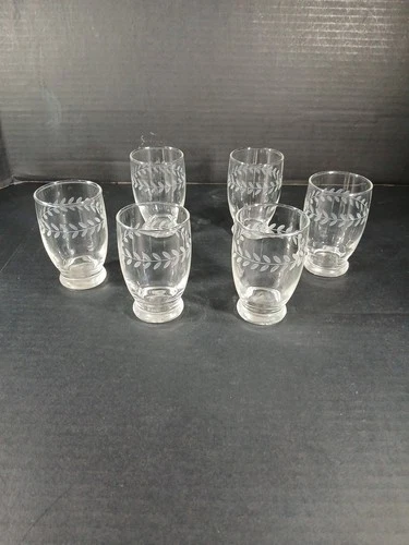 Vintage Anchor Hocking Etched 3.5in Laurel Leaf Juice Tumbler Shot Glass Set 6