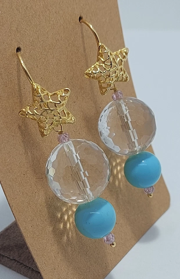 Orecchini donna pendenti argento925 dorato pasta turchese stella quarzi naturali - Immagine 3 di 4