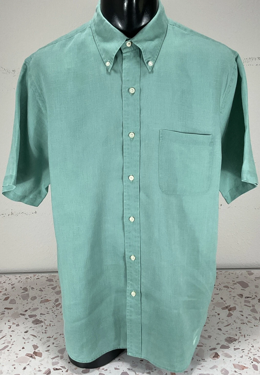 Lands End Regular Fit Short Sleeve Linen Shirt Sz L Green
