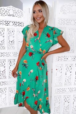 brand new AX Paris green floral printed waterfall frill wrap midi