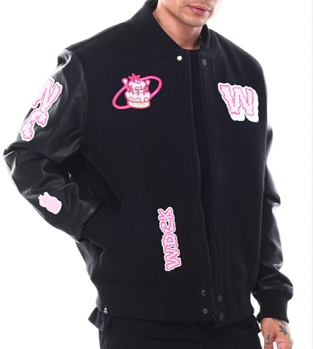 Wedding Cake Pound Cake Embroidered Patch Mens Jet Black Pink Varsity Jacket New
