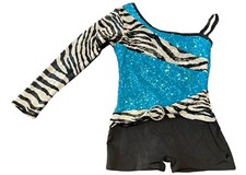 Dance Costume Sequin Black Teal Zebra Child Small Jazz One Sleeve Shorts Leotard