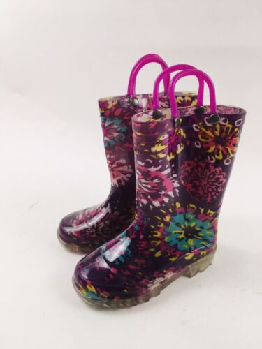 Chief Rubber Rain Boots Girls Size 9 Purple Floral Colorful  Pull Tabs - Afbeelding 1 van 8