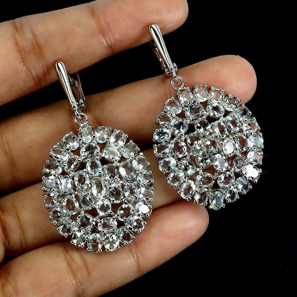 925 Sterling Silber Ohrringe Oval Aquamarin Natürlicher Edelstein Schmuckwaren - Bild 2 von 4