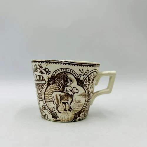Antique Little Mae & Dog China Staffordshire Transferware Brown Childs Cup