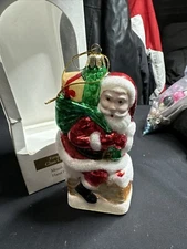 Santa's Best 1996 EUROPEAN STYLE GLASS SANTA & CHIMNEY Toy Sack ORNAMENT