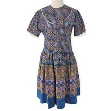 1960s Women's Small Mixed Print Bohemian Flower Power Tea Dress ~ Lolita Style