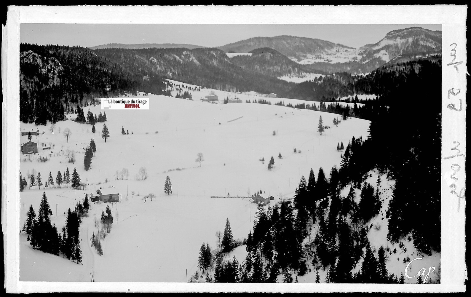 Placa Cristal Foto Antigua, Negativo Negro & Blanco 9x14CM, Morez, Montaña Nieve