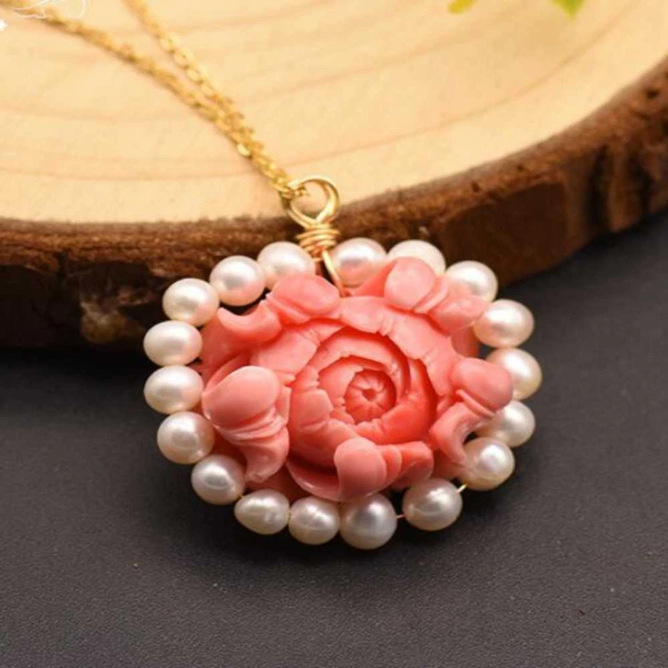 2024 Nuevo Colgante Flor Coral Rosa Perla Agua Dulce Natural Joyería Plata Foto 4 de 4