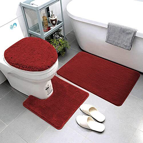 3 Piece Bathroom Rug Set Includes Bath Rug, Contour Mat and Toilet Lid Burgundy