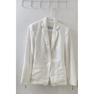 Max Mara Ivory Linen Blazer Lace Up Cuff Pick Stitch Jacket Italy US 8 10410372