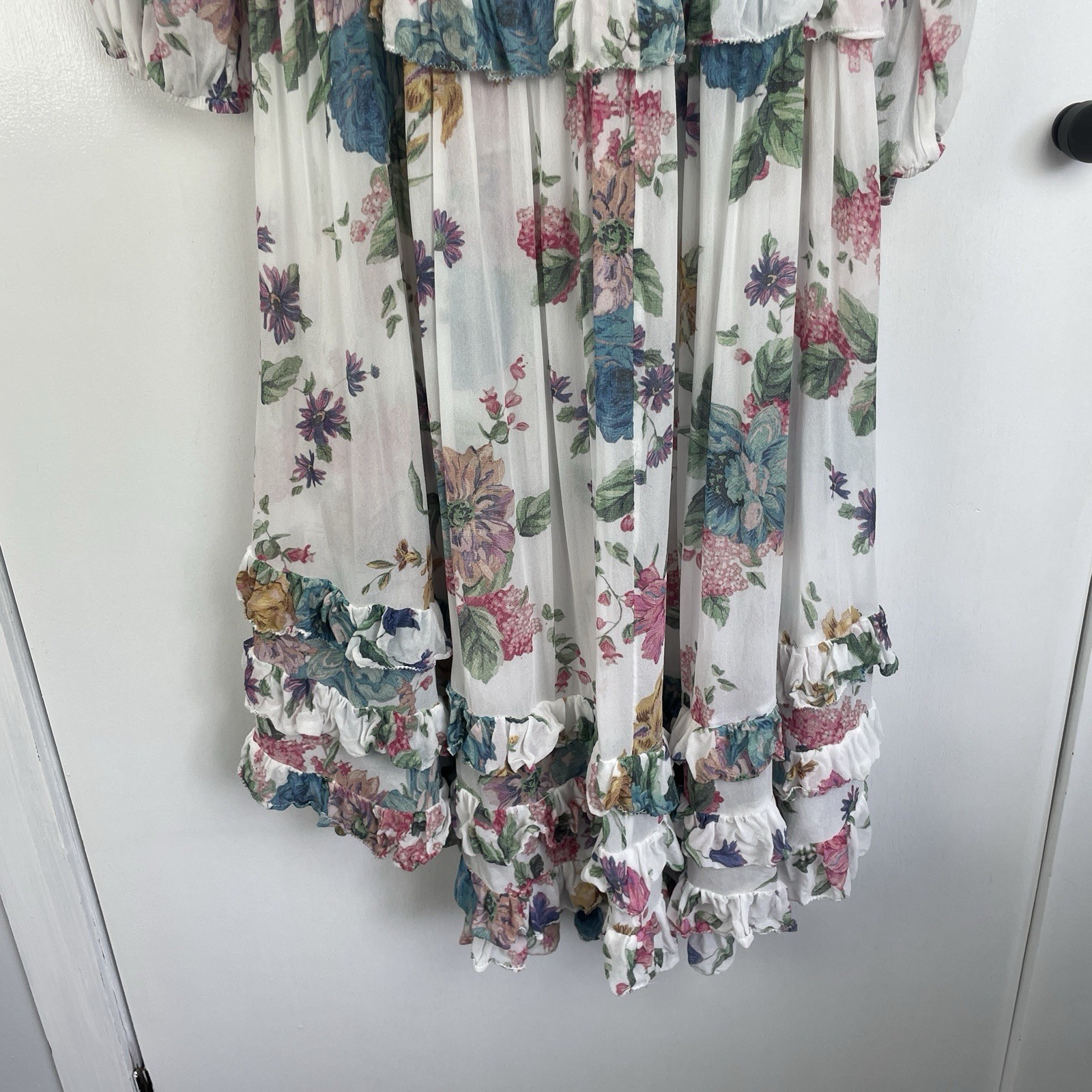 Zimmermann Ninety Six Linear Midi Dress Size 3 / 14 Au White Floral Ruffle