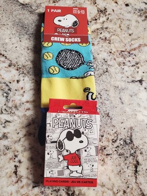Peanuts Cartoon Snoopy Playing Tennis Socks & Free Deck Of Playing Cards