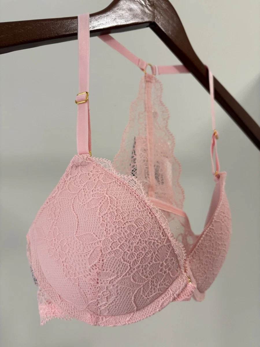 NWT Pepper Lace Racerback Lift Up Bra Underwire Rosette Pink 32B Front Close $68