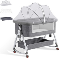 Baby Cot Bed Bassinet with Mattress, Baby Crib with Mosquito Net, 3-In-1 Bedside