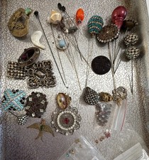Vintage Hat Pin Lot & Costume Jewelry Brooches Buttons And Costume Jewelry A30